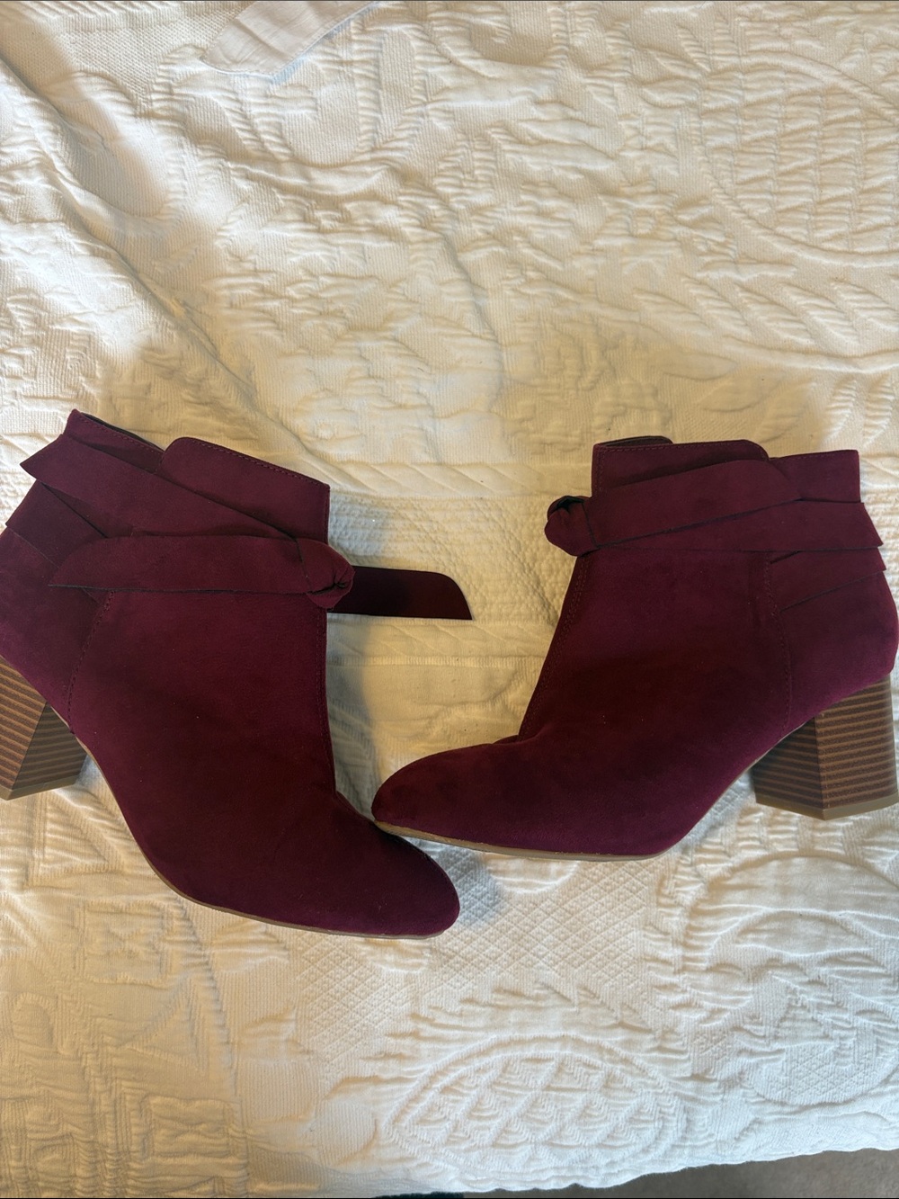 MIA Burgundy Suede Ankle Booties with Wrap Strap and Block Heel